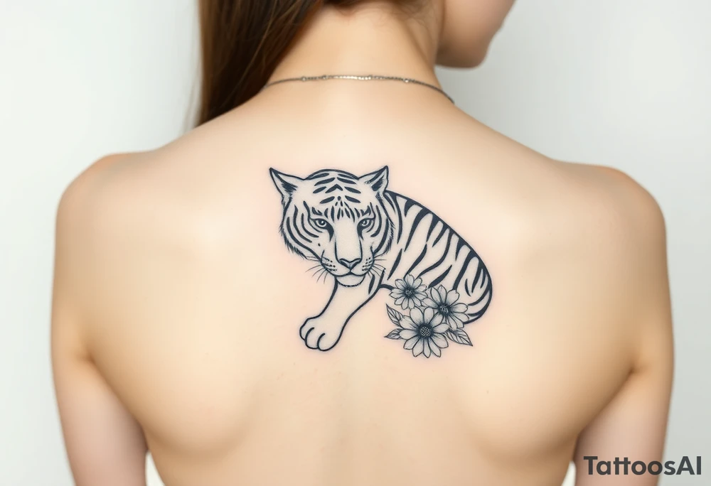 a whole tiger with some flowers around it tattoo idea