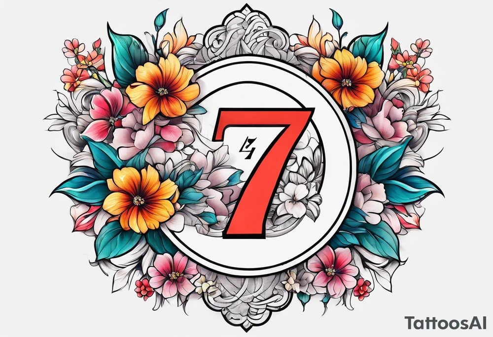 The number seven surrounded by colorful flowers tattoo idea