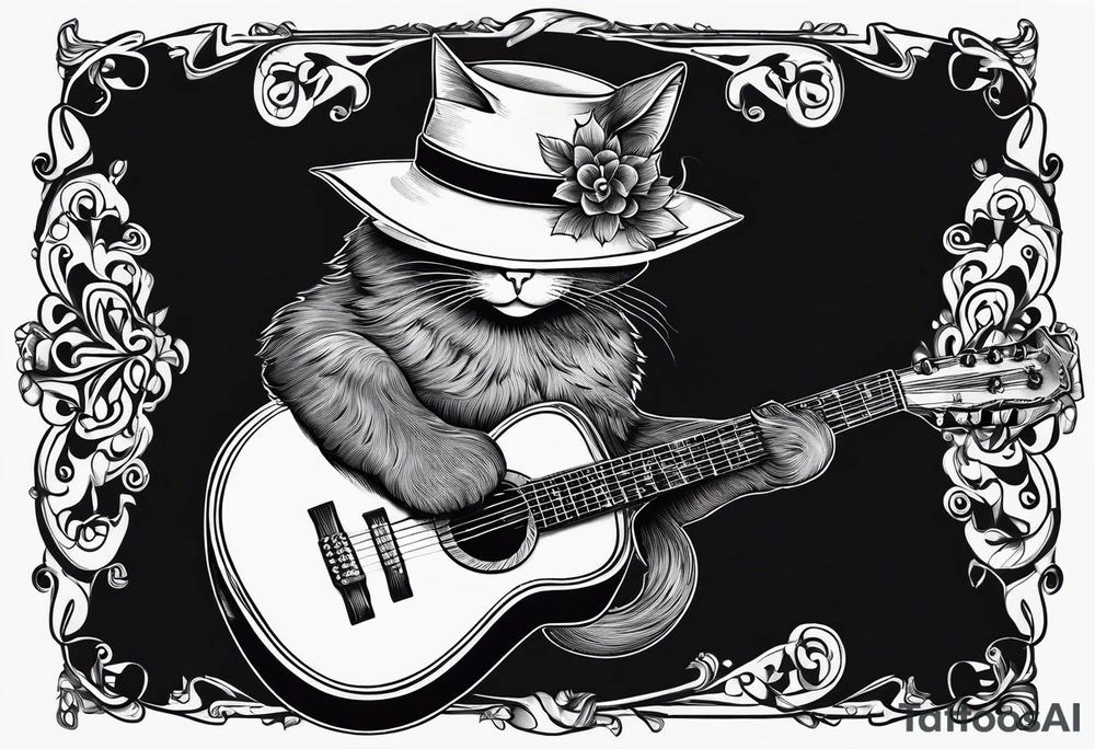 black cat funny hat holding a guitar tattoo idea