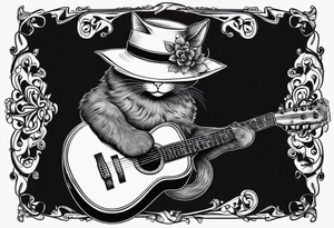 black cat funny hat holding a guitar tattoo idea