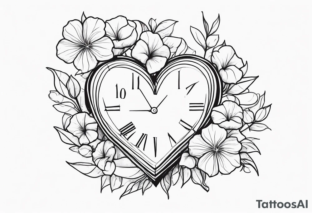 Heart with morning glory flowers and Cameron as the line to draw the heart and the time 8:34am tattoo idea