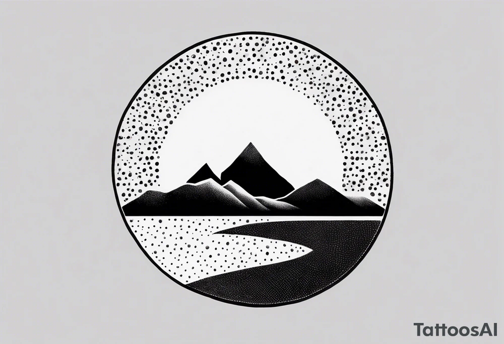 A minimalist black-and-white tattoo design, intended to be placed just above the inner elbow. The design features a thin, open circle symbolizing a cycle or new beginning. Inside the circle is a small, stylized mountain silhouette, simple and clean, representing stability and growth. From the base of the mountain, a fine, gently wavy line resembling a lifeline extends outward from the circle, symbolizing life’s journey with its ups and downs. The style is delicate and refined, with clean, thin lines for a subtle yet powerful symbol. tattoo idea