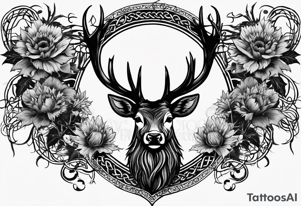 three thistles + Celtic knots + a stag + the phrase "always remember there is nothing worth sharing like the love that let us share our names" tattoo idea