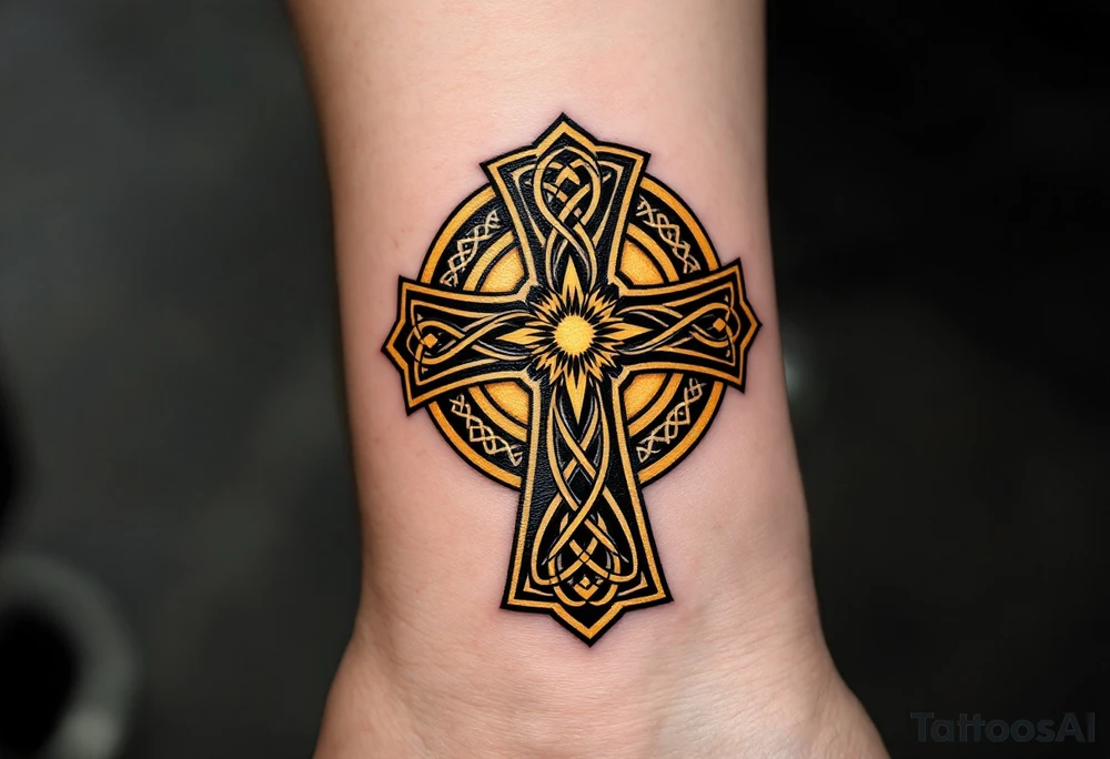 A black and gold Celtic cross, featuring intricate triquetra knots and a radiant golden halo around the center. tattoo idea