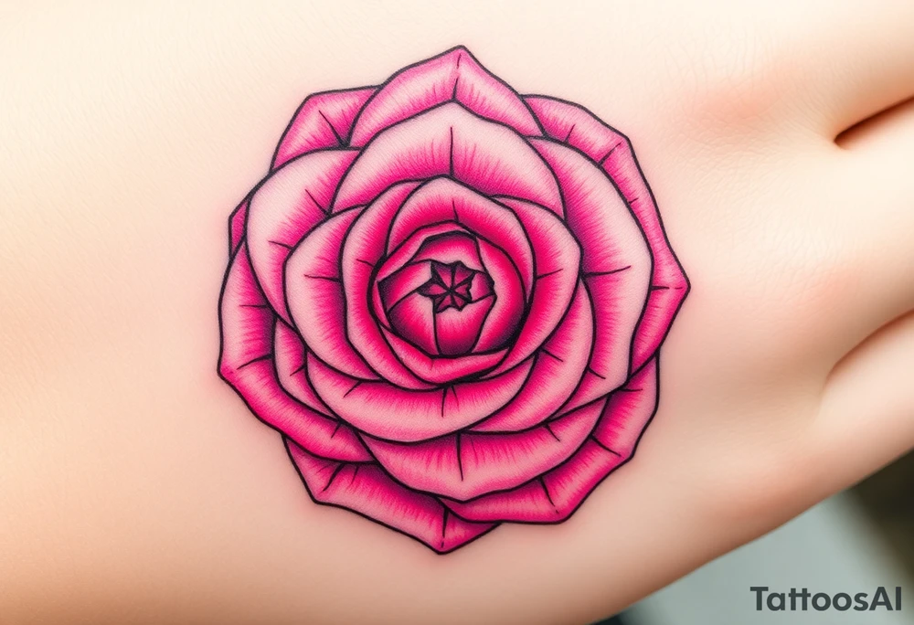 The pink rose blooms in a mesmerizing display of symmetry, its delicate petals unfolding in a kaleidoscope of repeating patterns, where soft blush and vibrant magenta hues seamlessly blend, creating an intricate, fractal-like illusion that shifts and transforms with every glance tattoo idea