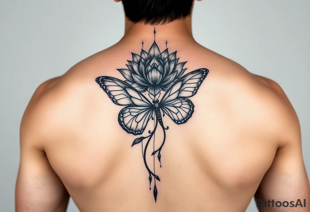 Elegant spine tattoo with lotus flower and butterfly with cracked wings mid back down tattoo idea