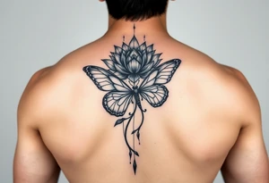 Elegant spine tattoo with lotus flower and butterfly with cracked wings mid back down tattoo idea