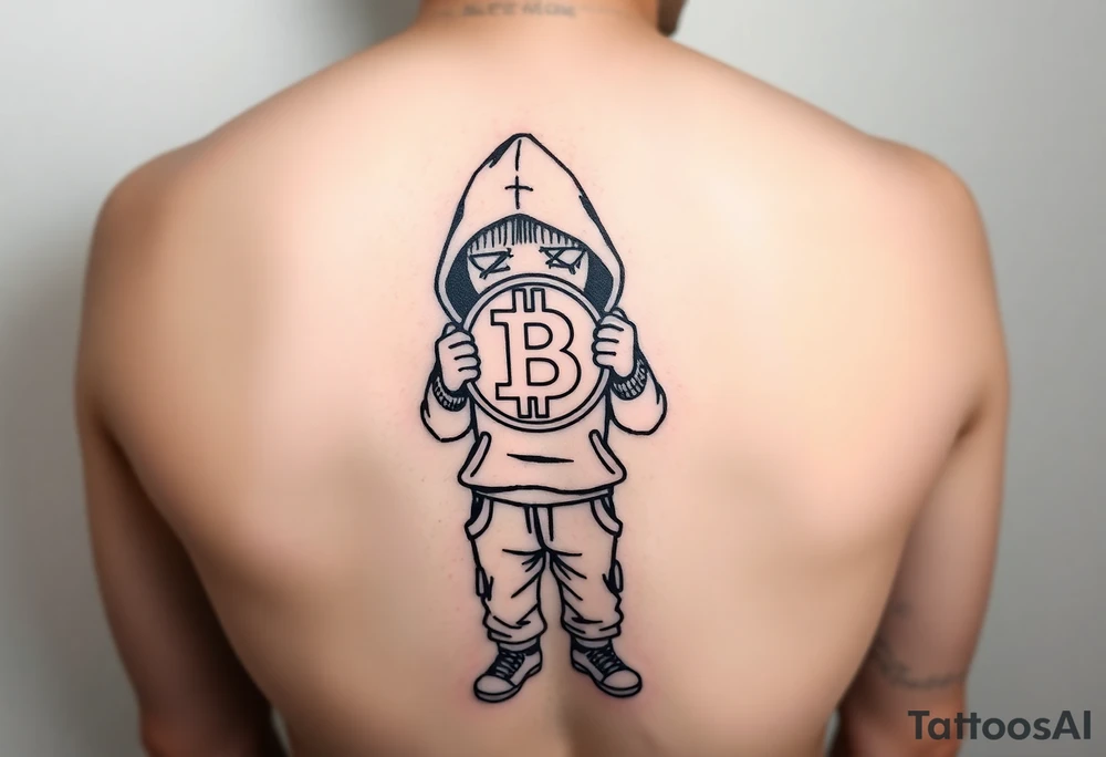 Create a custom tattoo stencil Use a street-art / pop-art vibe with a cartoon figure holding a bitcoin to cover his eyes have bold lines, “x” for eyes. make them have on a hoodie and jogger sweatpants tattoo idea
