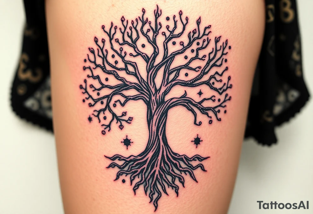mystical tree of life with cosmic roots and celestial branches tattoo idea