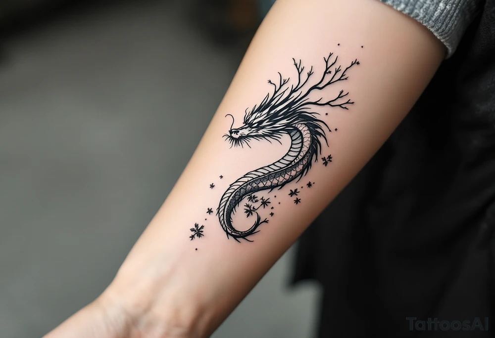 dragon japanese style sakura trees fallen aesthetic tattoo idea