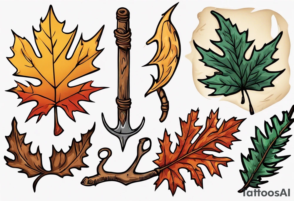 A druid sickle with a oak leaf in the spring, a birch leaf in the summer, a maple leaf with fall colors, and a pine leaf in the winter tattoo idea