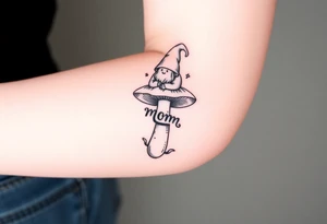 Mushroom with word mom on it with gnome sitting on top tattoo idea