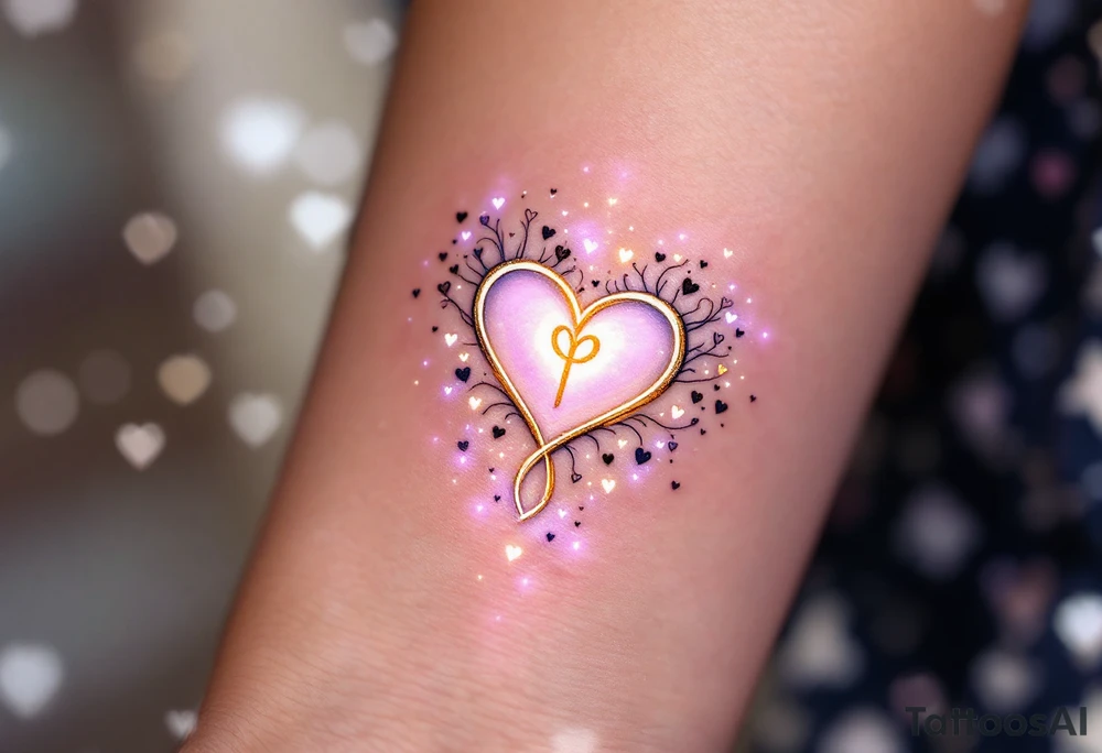 A symbol of rune of love in the shape of a heart, carved with clean, sharp edges. The design in golden light, and the background features a lavender glow. Tiny hearts float around the symbol, representing infinite devotion. tattoo idea