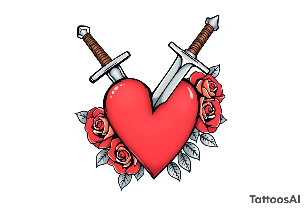 dagger piercing a heart with roses tattoo idea