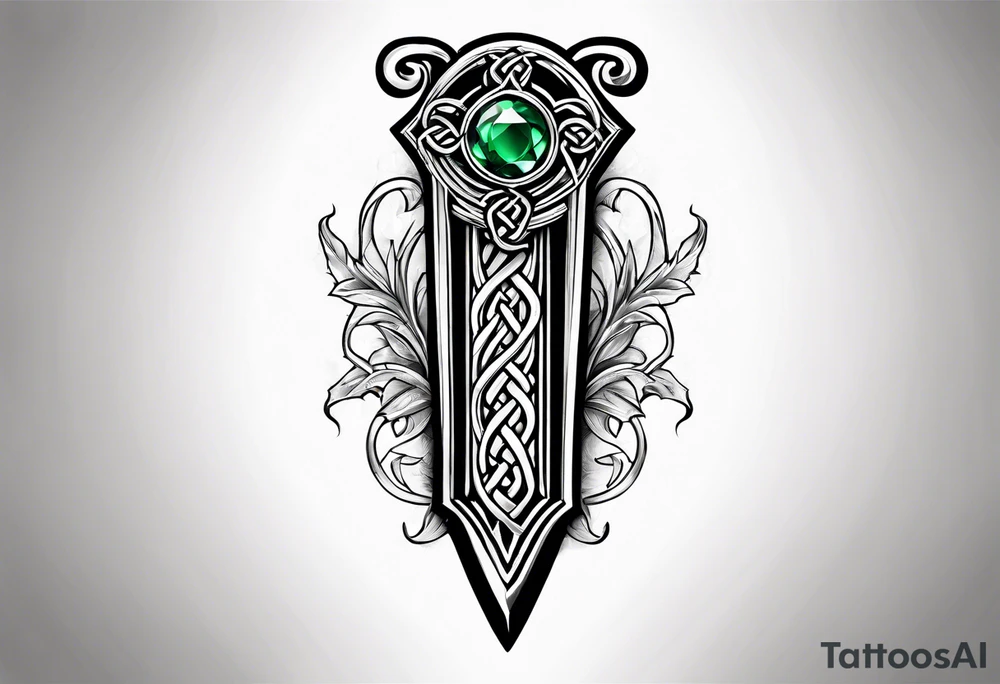 A Celtic dagger with an oak hilt turned upright and emerald gemstones on it tattoo idea