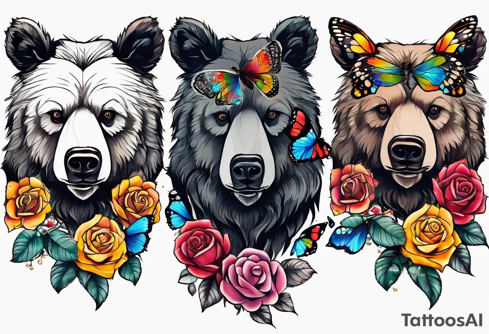 Bear under the tree of life with multicolor roses and three butterflies for an upper arm tattoo. tattoo idea