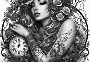 tattoo fool sleeve, tree roots break out of the chains at the bottom of the hand, broken mask, Clock with flying numbers, girl, skull, roses, less shadows tattoo idea