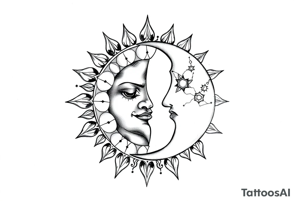 celestial sun and moon embrace with constellation patterns tattoo idea celestial sun and moon embrace with constellation patterns tattoo idea