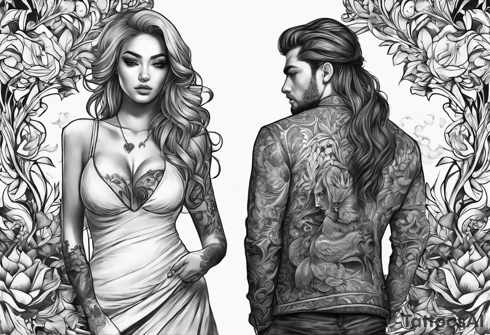 A girl with an empty heart and a guy with a burning heart. They stand back to back tattoo idea