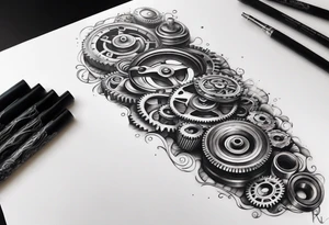 a biomechanical armsleeve with gears and pistons and springs tattoo idea