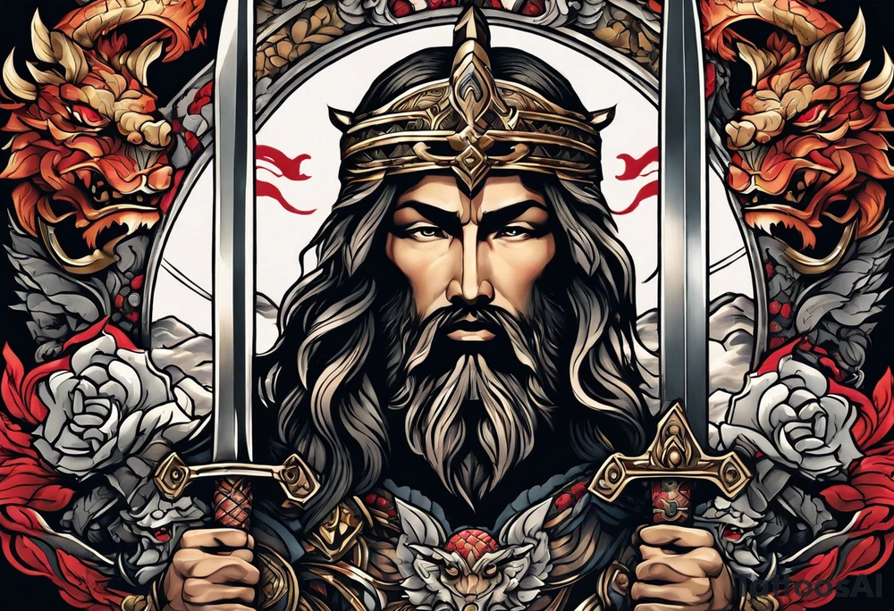 Almighty powerful Jesus in his indestructible armor and using his sword to cut off the three-head Serpent heads tattoo idea