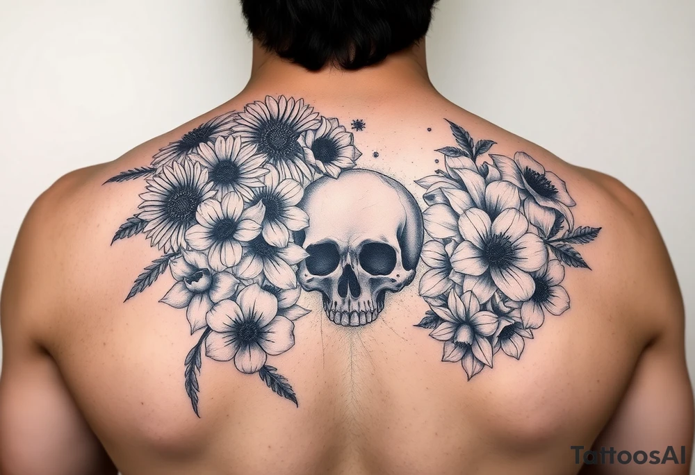 Dark gothic florals with daisies, poppies,  white narcissus, sweet peas and gladiolus with a skull tattoo idea