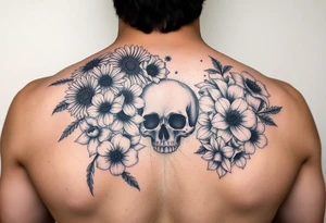 Dark gothic florals with daisies, poppies,  white narcissus, sweet peas and gladiolus with a skull tattoo idea