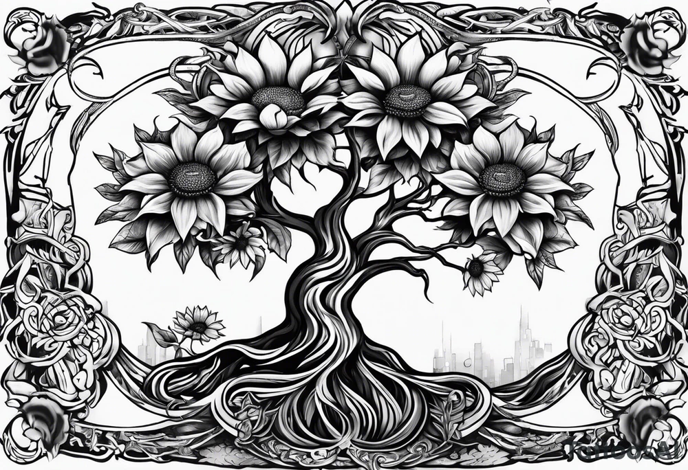 Feminine Yggdrasil tree with two sunflowers tattoo idea