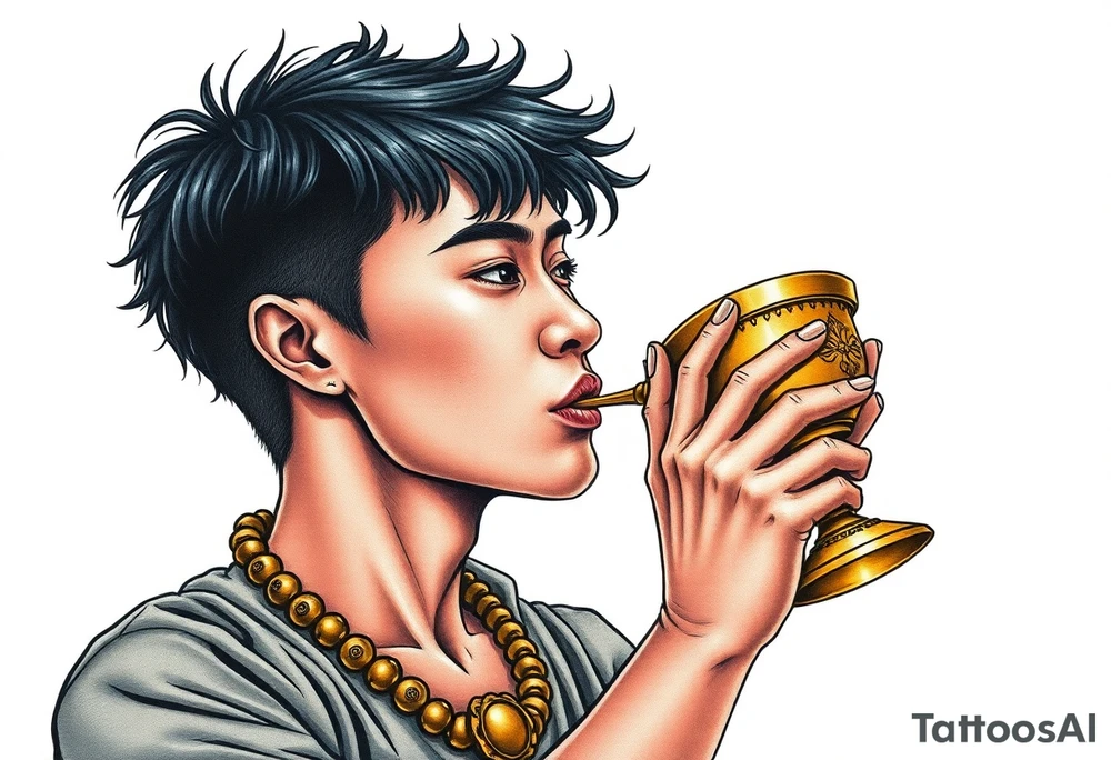Handsome Asian young guy is drinking from medieval golden cup tattoo idea