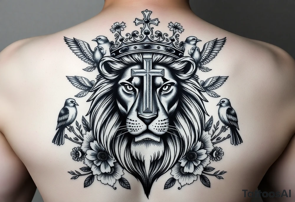 powerful majestic lion with a King crown, surrounded by floral oranaments and birds with a cross brought to backwards to seemingly fit and match. For the cross: the cross must be ion the middle of the crown lion through it's in the background (brounght backwards) but the horintal and vertical points can be seen outside thr crown lion. The cross must be bigger than the crown lion. Howver in the background (covered by the lion) exect the horixontal and verytical points tattoo idea