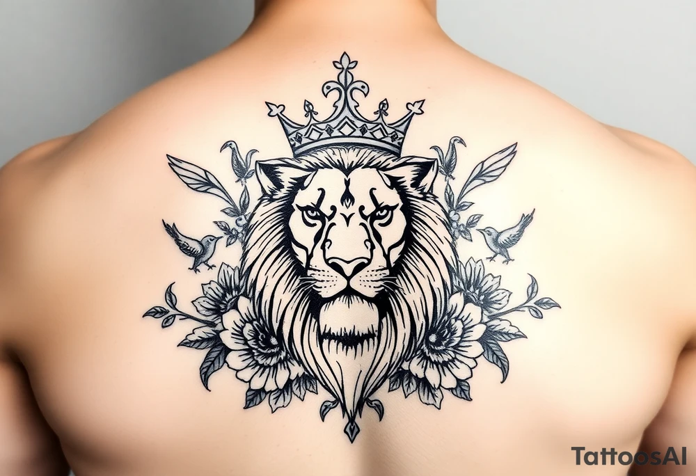 powerful majestic lion with a crown, surrounded by floral ornaments and birds tattoo idea