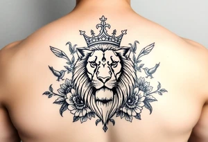 powerful majestic lion with a crown, surrounded by floral ornaments and birds tattoo idea