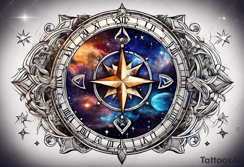 Matter, energy, space and time with an old stone theta symbol with stars in the background and Scorpio constellation tattoo idea