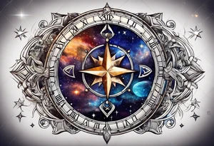 Matter, energy, space and time with an old stone theta symbol with stars in the background and Scorpio constellation tattoo idea