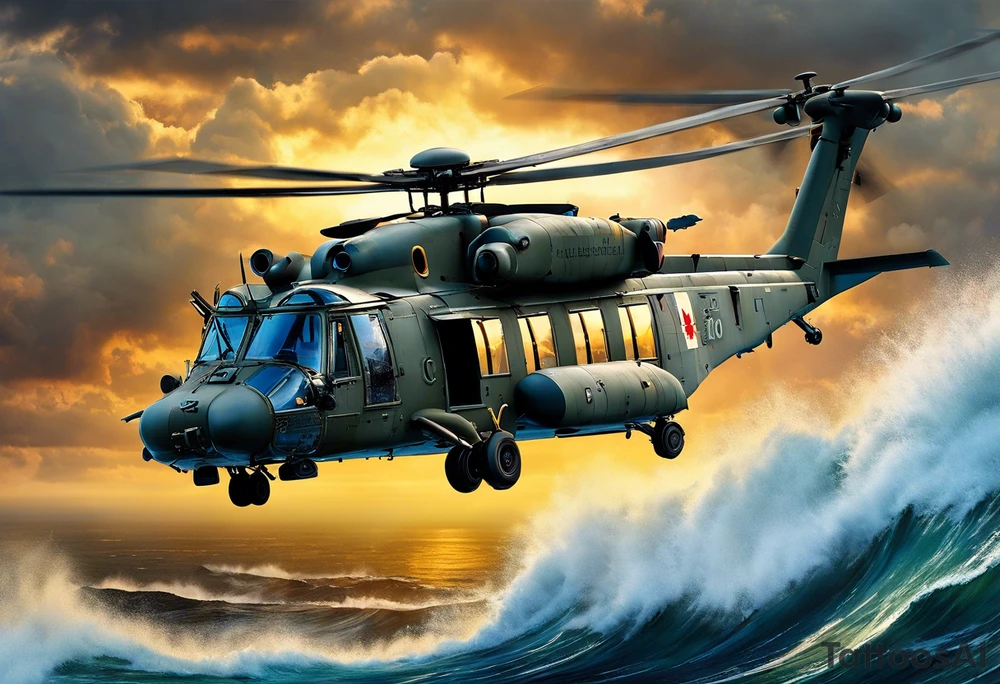 A cinematic-style tattoo depicting a Canadian military CH-148 Cyclone helicopter performing a daring maneuver over a turbulent ocean. The sky should be filled with dramatic clouds, and the sun should be setting, casting long shadows. The helicopter should be the main focus, with intricate details and a sense of motion. In the background, a poppy should be prominently displayed, and a quote from 'Lest We Forget' should be included tattoo idea