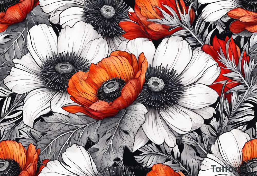 a white anemone with black center with thistles, ferns, ranuculus, sun flowers, red flowers, ping flowers, orange flowers, flowers all in watercolor tattoo idea
