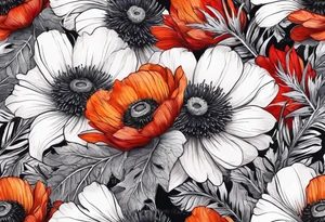 a white anemone with black center with thistles, ferns, ranuculus, sun flowers, red flowers, ping flowers, orange flowers, flowers all in watercolor tattoo idea
