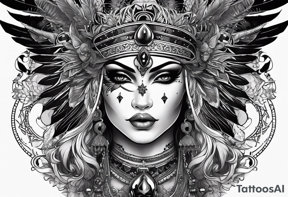 black kali, goddess pirate, alien, pachamama, valkrye, warrior, skull, lotus azul, wing, eagle, zenza resonance, stars, 5D tattoo idea