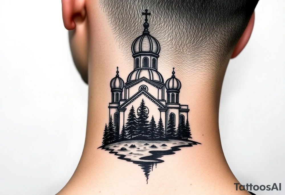 medium sized russian orthodox dome church with a visible virgin mary with a lake and pine trees tattoo idea