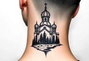 medium sized russian orthodox dome church with a visible virgin mary with a lake and pine trees tattoo idea