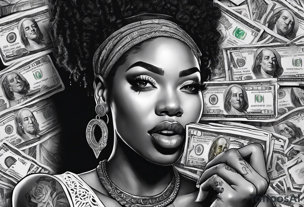 black woman bitting money tattoo idea