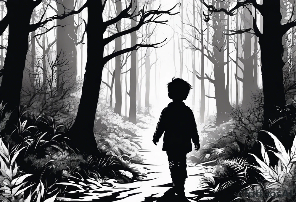A silhouette of a young child walking through a dark, evil forest tattoo idea