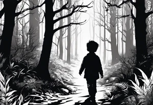A silhouette of a young child walking through a dark, evil forest tattoo idea