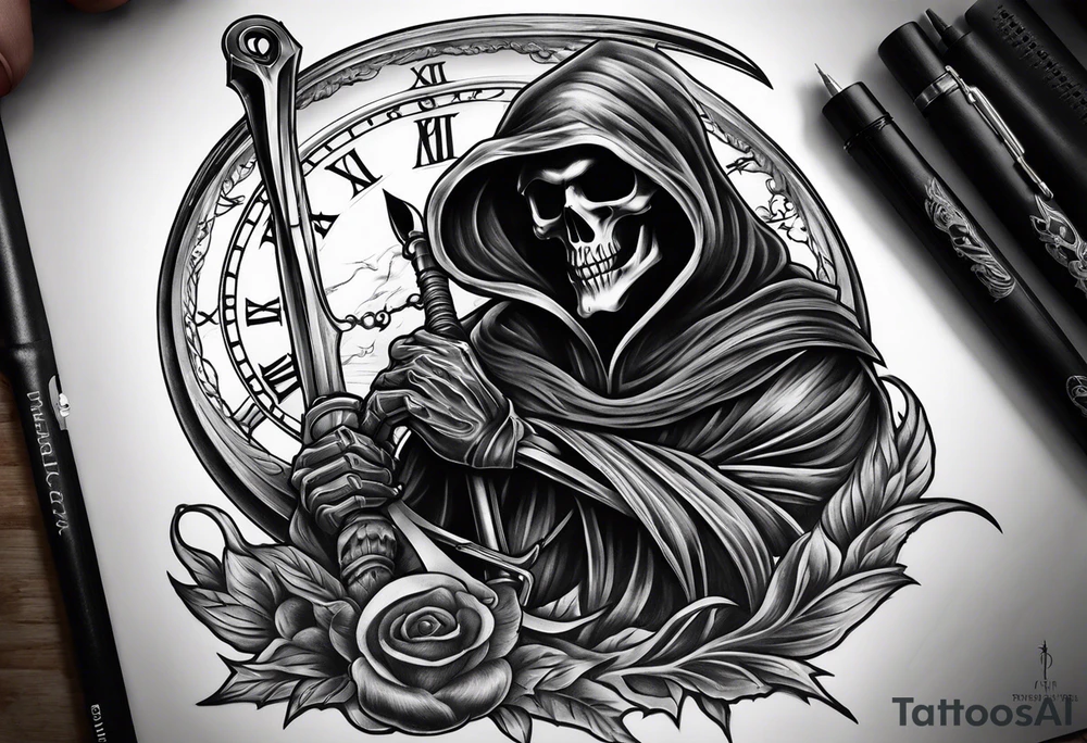 Grim reaper with a pocket watch and scythe tattoo idea