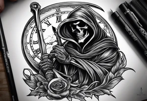 Grim reaper with a pocket watch and scythe tattoo idea
