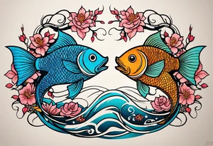 Beautiful coy pisces fish swimming in opposite directions but weighed on the scale of a Libra scale that's balanced out and made of tittered wood and vines tattoo idea