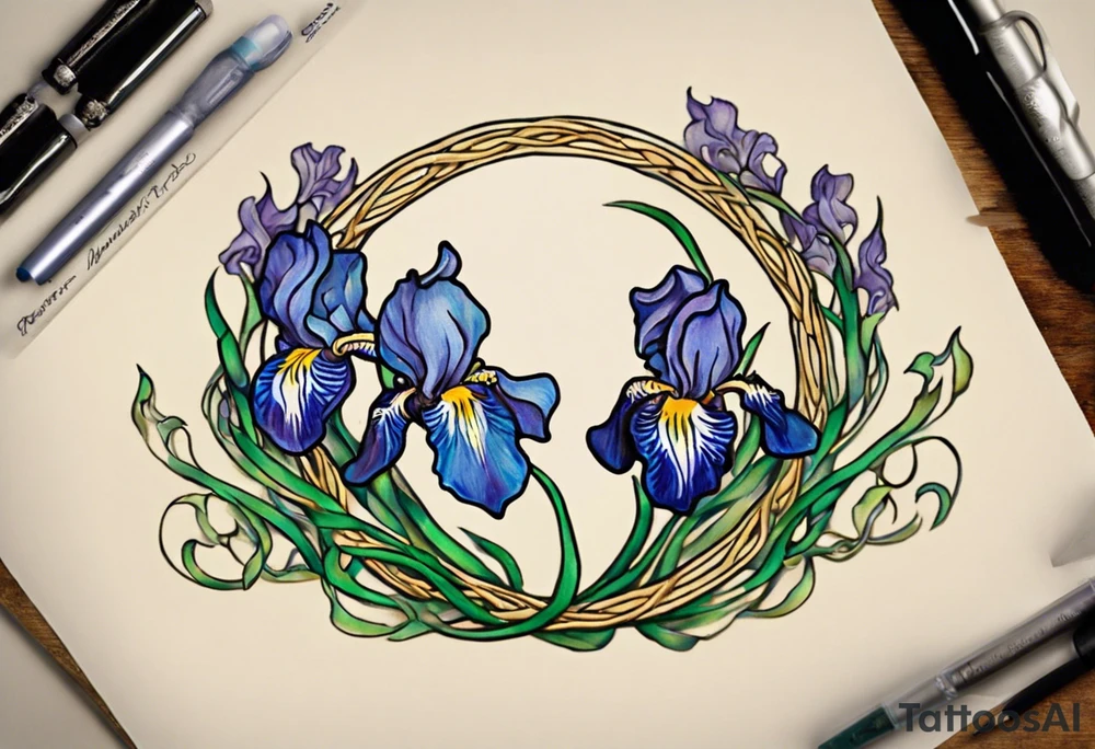 Create a colorful small Vincent van Gogh Irises tattoo with Celtic knots. The tattoo should take the form of a crescent, with vines gracefully intertwining at a central point in the middle of the wreath. Ensure that the design avoids the appearance of a bush and maintains a more structured and deliberate arrangement. The intended placement is on the upper chest. The overall design should be small in size while maintaining a delicate and artistic aesthetic. Pay attention to the graceful flow of the vines and the placement of the irises to achieve a refined and elegant look tattoo idea