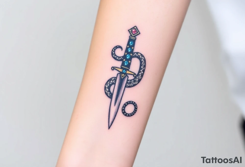 mystical snake coiled around an ancient dagger with jeweled hilt tattoo idea