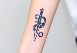 mystical snake coiled around an ancient dagger with jeweled hilt tattoo idea