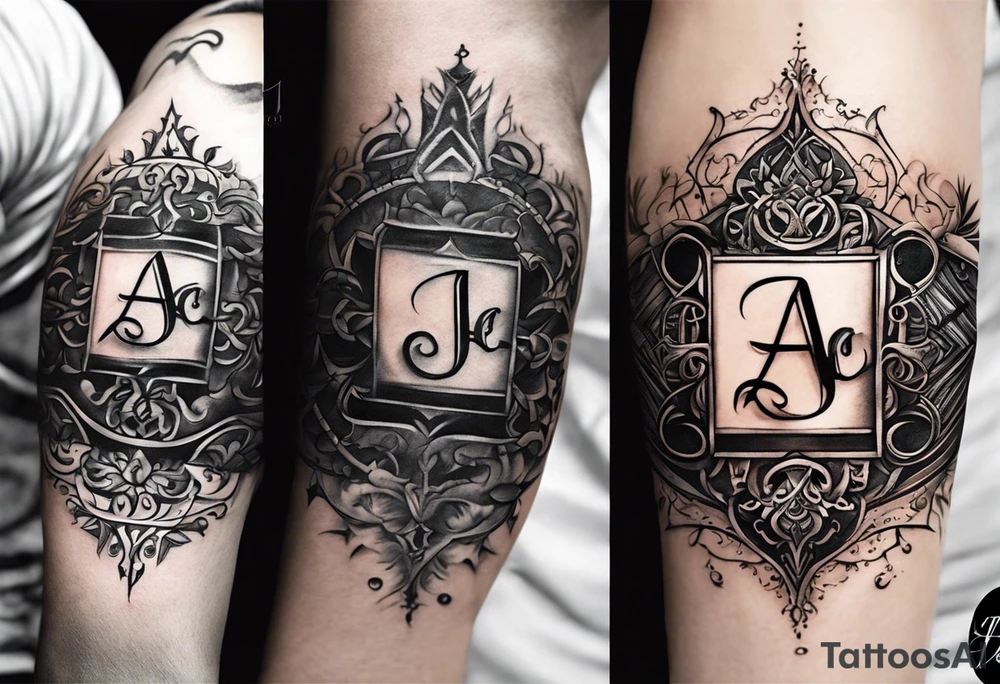 I want to design a tattoo that has the letters A, J, D, E mixed together like a design in harmony with old chaligraphy. I don't want additional images but just the letters tattoo idea
